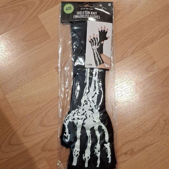 New Black Bone Skeleton glow in the dark Knit Fingerless Costume Gloves - Picture 2 of 5